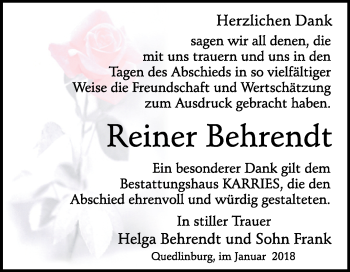 Traueranzeige von Reiner Behrendt von Mitteldeutsche Zeitung Quedlinburg