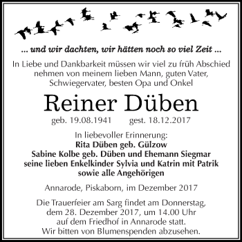 Traueranzeige von Reiner Düben von Wochenspiegel Mansfelder Land