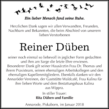 Traueranzeige von Reiner Düben von Super Sonntag SGH Mansf. Land