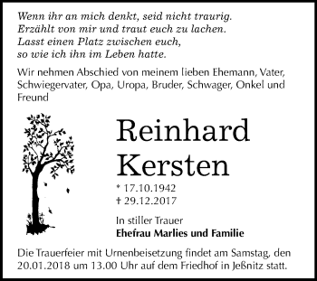 Traueranzeige von Reinhard Kersten von Mitteldeutsche Zeitung Bitterfeld