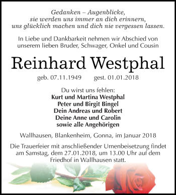 Traueranzeige von Reinhard Westphal von Super Sonntag SGH Mansf. Land