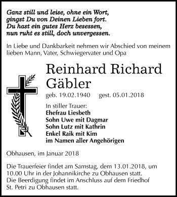 Traueranzeige von Reinhard Richard Gäbler von Mitteldeutsche Zeitung Merseburg/Querfurt