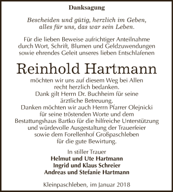 Traueranzeige von Reinhold Hartmann von WVG - Wochenspiegel Dessau / Köthen