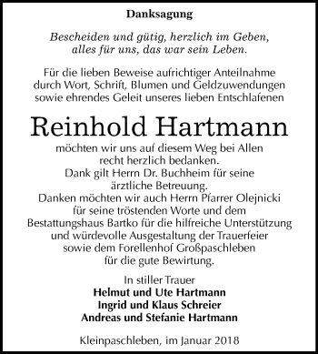 Traueranzeige von Reinhold Hartmann von Mitteldeutsche Zeitung Köthen