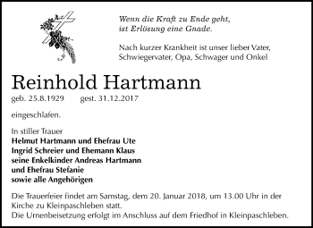 Traueranzeige von Reinhold Hartmann von Mitteldeutsche Zeitung Köthen