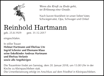 Traueranzeige von Reinhold Hartmann von WVG - Wochenspiegel Dessau / Köthen