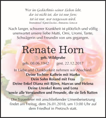 Traueranzeige von Renate Horn von WVG - Wochenspiegel Wittenberg