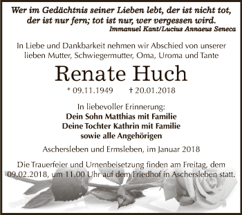 Traueranzeige von Renate Huch von Super Sonntag Aschersleben