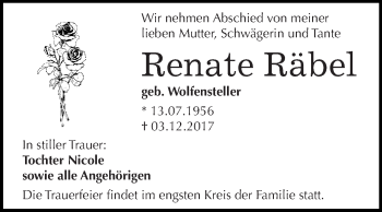 Traueranzeige von Renate Räbel von WVG - Wochenspiegel Dessau / Köthen