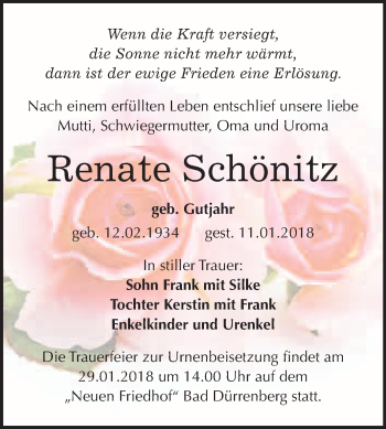 Traueranzeige von Renate Schönitz von WVG - Wochenspiegel Merseburg