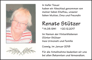 Traueranzeige von Renate Stützer von Super Sonntag Wittenberg