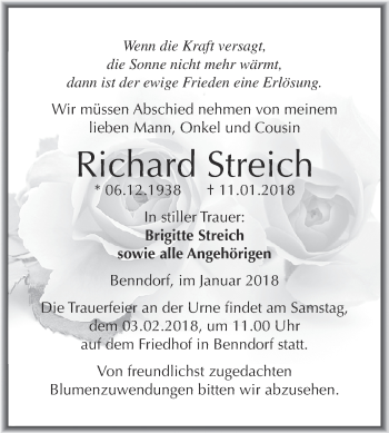 Traueranzeige von Richard Streich von Super Sonntag SGH Mansf. Land