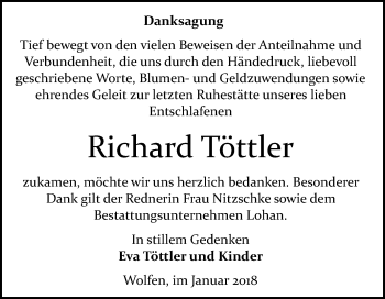 Traueranzeige von Richard Töttler von Mitteldeutsche Zeitung Bitterfeld