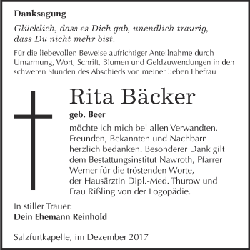 Traueranzeige von Rita Bäcker von WVG - Wochenspiegel Bitterfeld