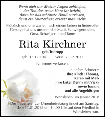 Traueranzeige von Rita Kirchner von Wochenspiegel Mansfelder Land