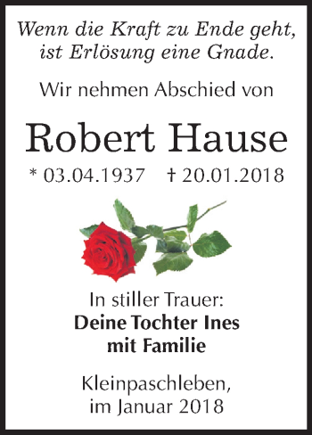 Traueranzeige von Robert Hause von Mitteldeutsche Zeitung Köthen