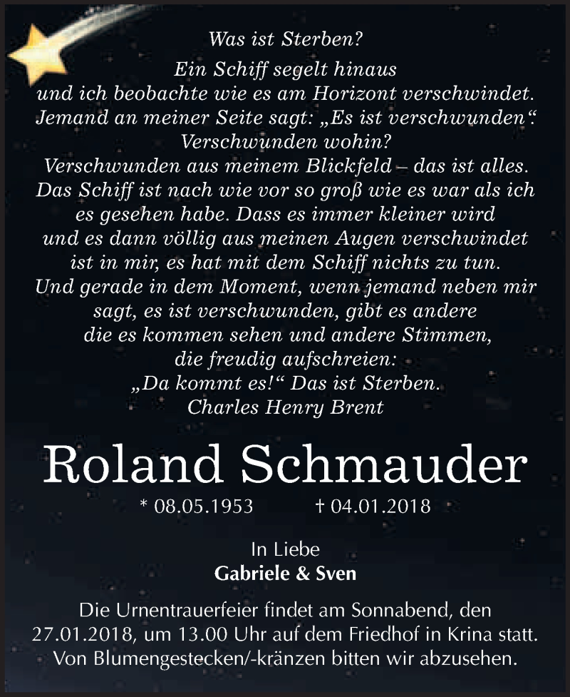  Traueranzeige für Roland Schmauder vom 17.01.2018 aus WVG - Wochenspiegel Bitterfeld
