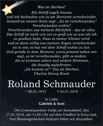 Traueranzeige von Roland Schmauder von WVG - Wochenspiegel Bitterfeld
