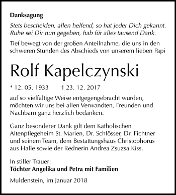 Traueranzeige von Rolf Kapelczynski von Mitteldeutsche Zeitung Bitterfeld