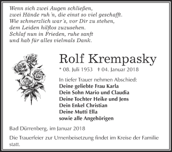 Traueranzeige von Rolf Krempasky von Super Sonntag Merseburg