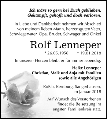 Traueranzeige von Rolf Lenneper von Mitteldeutsche Zeitung Sangerhausen