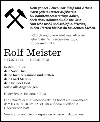 Traueranzeige von Rolf Meister von Super Sonntag SGH Mansf. Land