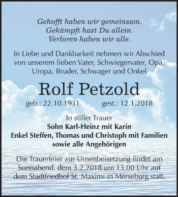 Traueranzeige von Rolf Petzold von Mitteldeutsche Zeitung Merseburg/Querfurt