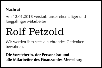 Traueranzeige von Rolf Petzold von Mitteldeutsche Zeitung Merseburg/Querfurt