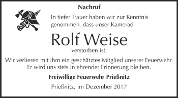 Traueranzeige von Rolf Weise von WVG - Wochenspiegel NMB / WSF / ZTZ