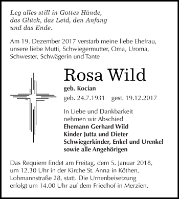 Traueranzeige von Rosa Wild von WVG - Wochenspiegel Dessau / Köthen