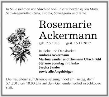 Traueranzeige von Rosemarie Ackermann von WVG - Wochenspiegel Merseburg