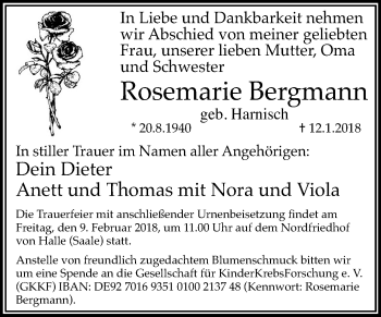 Traueranzeige von Rosemarie Bergmann von Mitteldeutsche Zeitung Halle/Saalkreis