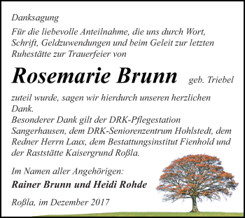 Traueranzeige von Rosemarie Brunn von Super Sonntag SGH Mansf. Land