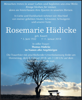 Traueranzeige von Rosemarie Hädicke von Mitteldeutsche Zeitung Halle/Saalkreis