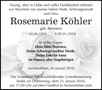 Traueranzeige von Rosemarie Köhler von Mitteldeutsche Zeitung Aschersleben