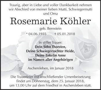 Traueranzeige von Rosemarie Köhler von Super Sonntag Aschersleben