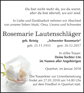 Traueranzeige von Rosemarie Lautenschläger von Mitteldeutsche Zeitung Merseburg/Querfurt
