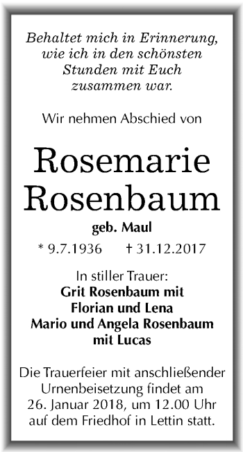 Traueranzeige von Rosemarie Rosenbaum von Mitteldeutsche Zeitung Halle/Saalkreis