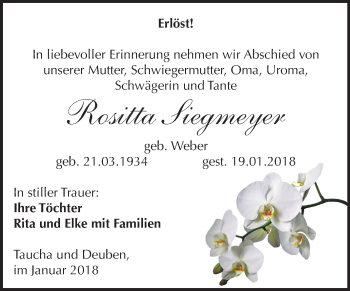 Traueranzeige von Rositta Siegmeyer von Mitteldeutsche Zeitung Weißenfels