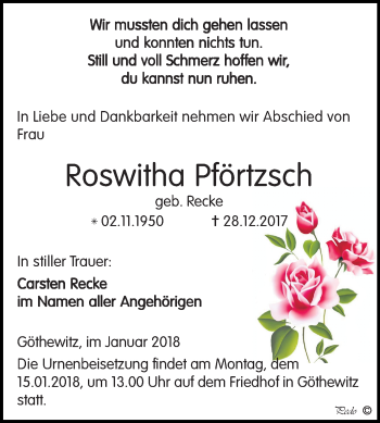 Traueranzeige von Roswitha Pförtzsch von Mitteldeutsche Zeitung Weißenfels