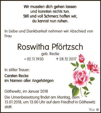 Traueranzeige von Roswitha Pförtzsch von WVG - Wochenspiegel NMB / WSF / ZTZ