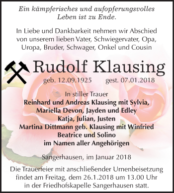 Traueranzeige von Rudolf Klausing von Mitteldeutsche Zeitung Sangerhausen