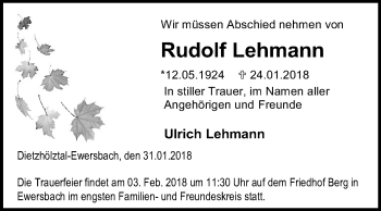 Traueranzeige von Rudolf Lehmann von Mitteldeutsche Zeitung