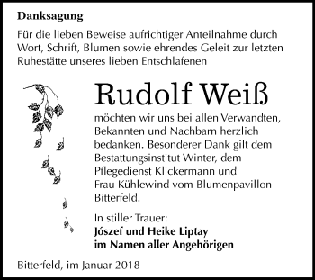 Traueranzeige von Rudolf Weiß von Mitteldeutsche Zeitung Bitterfeld