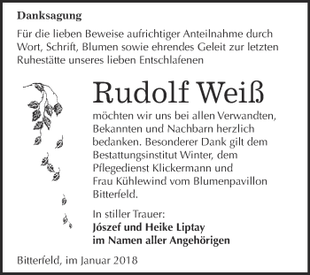 Traueranzeige von Rudolf Weiß von WVG - Wochenspiegel Bitterfeld