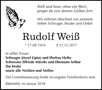 Traueranzeige von Rudolf Weiß von Mitteldeutsche Zeitung Bitterfeld