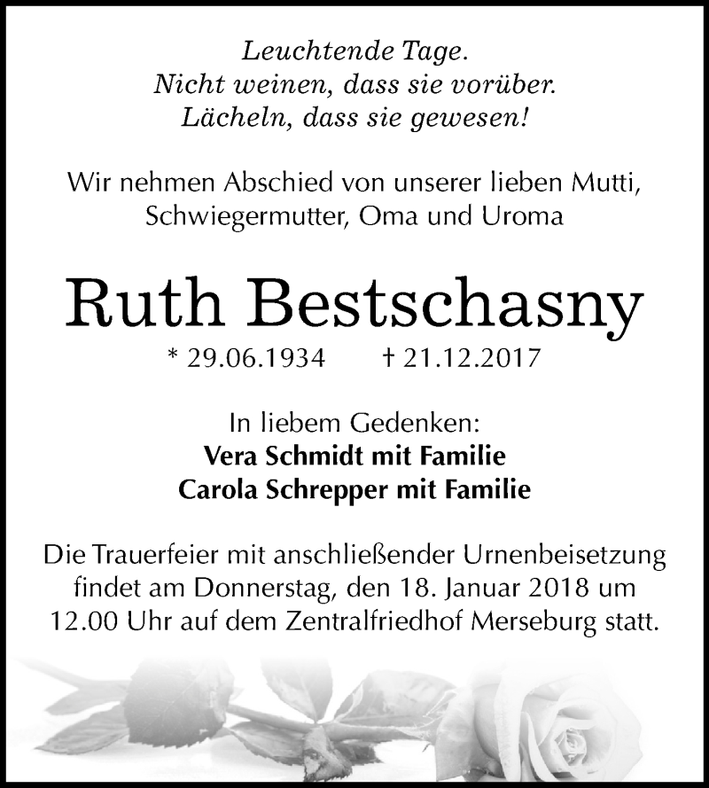  Traueranzeige für Ruth Bestschasny vom 10.01.2018 aus Mitteldeutsche Zeitung Merseburg/Querfurt
