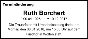 Traueranzeige von Ruth Borchert von Mitteldeutsche Zeitung Bitterfeld