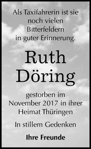 Traueranzeige von Ruth Döring von Mitteldeutsche Zeitung Bitterfeld