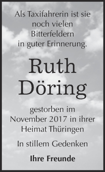 Traueranzeige von Ruth Döring von WVG - Wochenspiegel Bitterfeld
